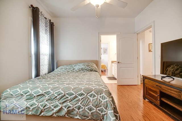 bedroom featuring wood-type flooring and ceiling fan