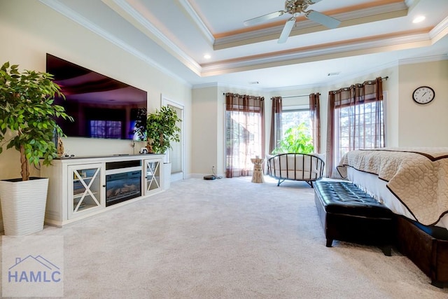 carpeted living room featuring ceiling fan, ornamental molding, and a tray ceiling