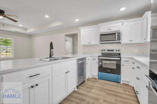 kitchen featuring white cabinets, stainless steel appliances, light hardwood / wood-style floors, and sink