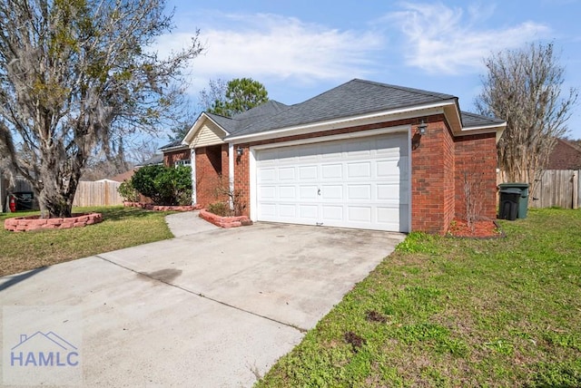 view of front of home with brick siding, an attached garage, a front yard, fence, and driveway