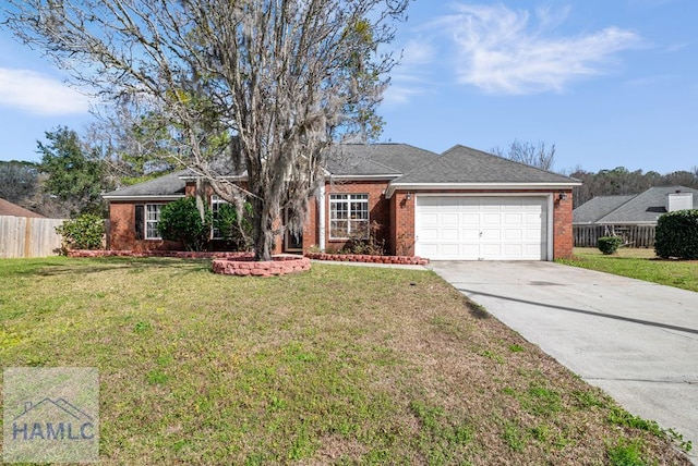 single story home featuring a garage, driveway, fence, a front lawn, and brick siding