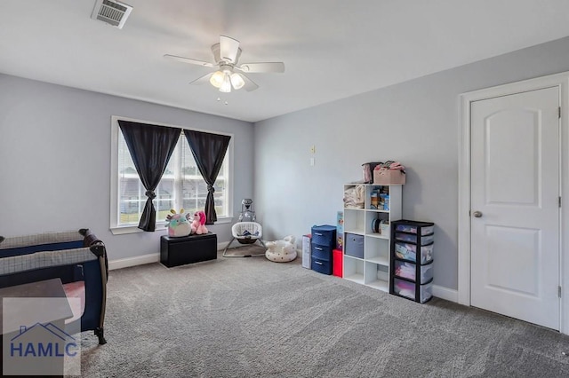 243 Forest St, Ludowici, GA 31316 - rec room featuring carpet floors, a ceiling fan, baseboards, and visible vents
