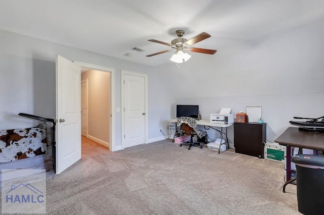 243 Forest St, Ludowici, GA 31316 - office with a ceiling fan, visible vents, vaulted ceiling, baseboards, and carpet