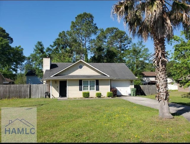 single story home featuring a garage, driveway, and a chimney