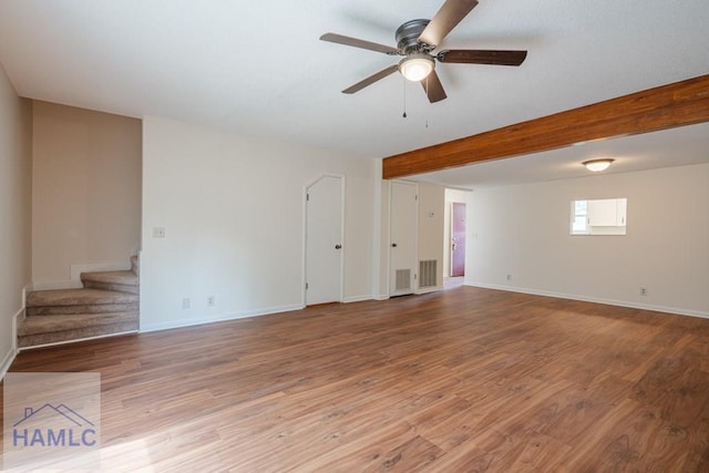 727S Main St Unit 121, Hinesville, GA 31313 - unfurnished living room with a ceiling fan, stairway, light wood-type flooring, and beamed ceiling