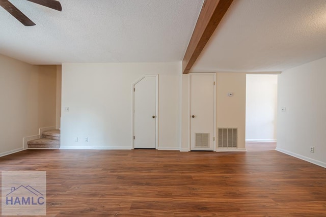 727S Main St Unit 121, Hinesville, GA 31313 - unfurnished living room with a textured ceiling, a ceiling fan, wood finished floors, beamed ceiling, and stairway