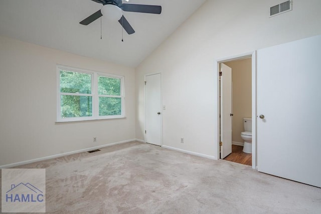 727S Main St Unit 121, Hinesville, GA 31313 - unfurnished bedroom featuring carpet, high vaulted ceiling, connected bathroom, and a ceiling fan