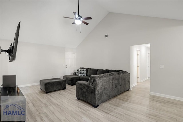 living room featuring ceiling fan, high vaulted ceiling, and light hardwood / wood-style floors