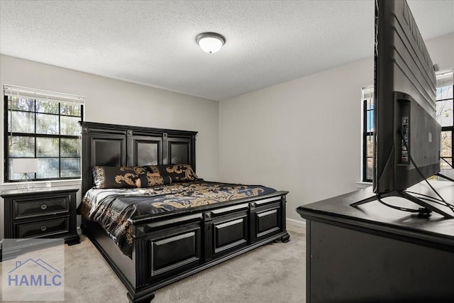 carpeted bedroom with a textured ceiling