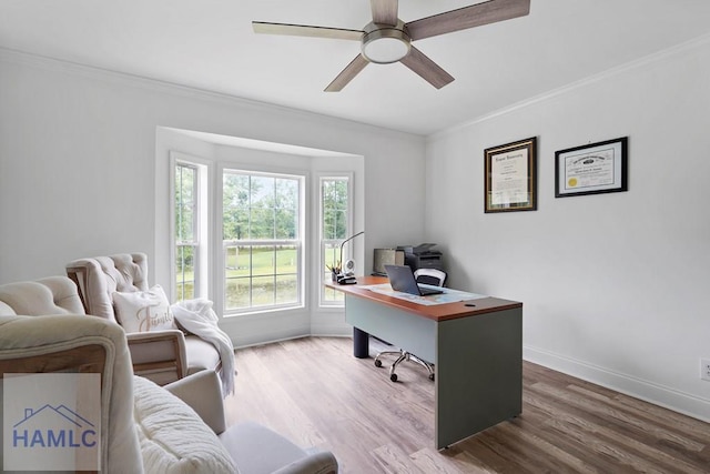 550 Brogdon Rd, Guyton, GA 31312 - home office featuring crown molding, wood finished floors, baseboards, and a ceiling fan