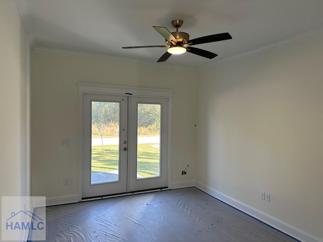 entryway with ceiling fan, french doors, and ornamental molding