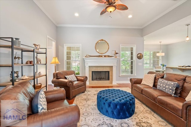 190 Sandpiper Rd, Midway, GA 31320 - living room featuring ceiling fan, healthy amount of natural light, a tiled fireplace, recessed lighting, and wood finished floors