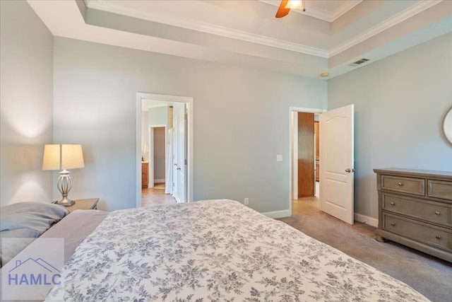 190 Sandpiper Rd, Midway, GA 31320 - carpeted bedroom with crown molding, baseboards, a tray ceiling, and a ceiling fan