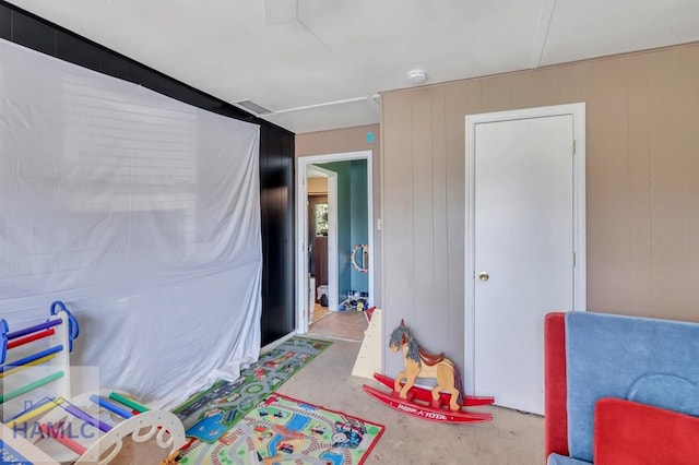 recreation room featuring wood walls