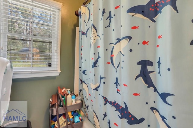 bathroom with a healthy amount of sunlight and a shower with shower curtain