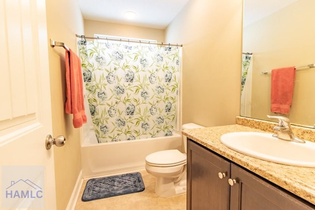 full bathroom featuring tile patterned floors, vanity, toilet, and shower / bathtub combination with curtain