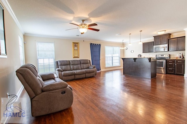 living room featuring a textured ceiling, ceiling fan, dark hardwood / wood-style floors, and ornamental molding