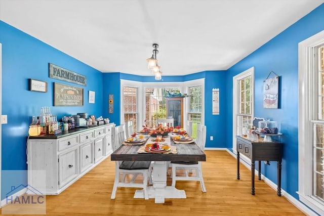 dining space with light hardwood / wood-style floors