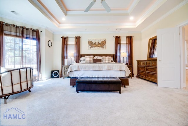 86 Brigham Dr, Richmond Hill, GA 31324 - bedroom with light colored carpet, a raised ceiling, crown molding, and a ceiling fan