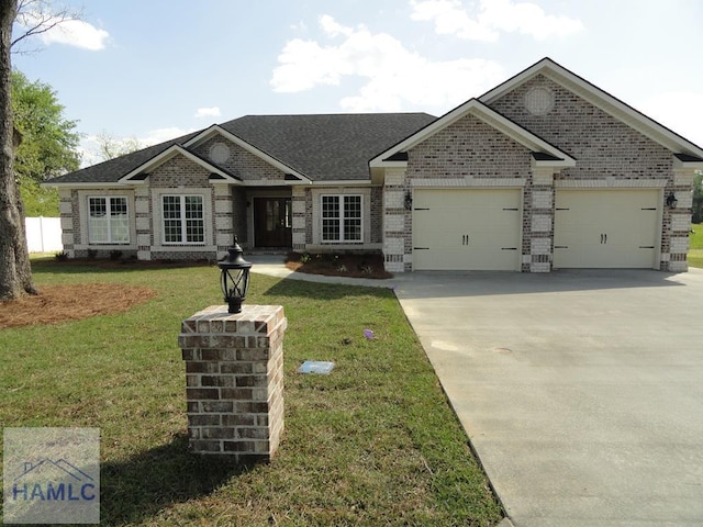 craftsman-style home with concrete driveway, a front lawn, an attached garage, brick siding, and roof with shingles