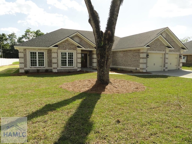 view of front facade featuring fence, concrete driveway, brick siding, and a garage