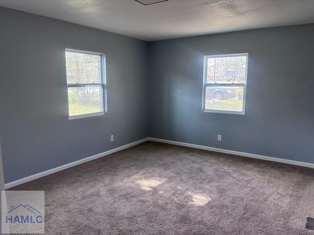 empty room with a textured ceiling, baseboards, and carpet floors