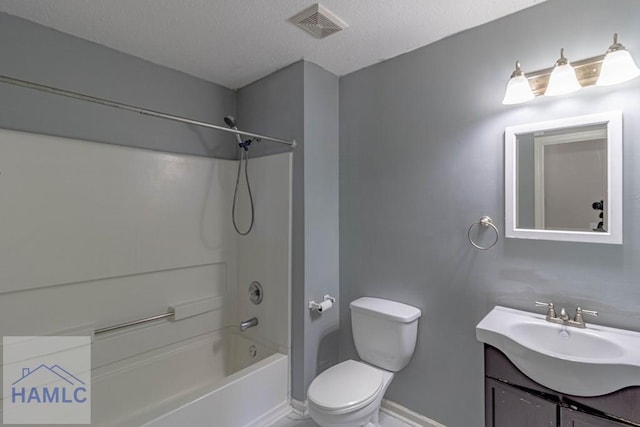 full bath with visible vents, toilet, vanity, a textured ceiling, and  shower combination