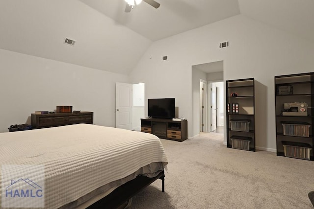 189 Morningside Dr, Allenhurst, GA 31313 - bedroom with carpet, a ceiling fan, baseboards, and high vaulted ceiling