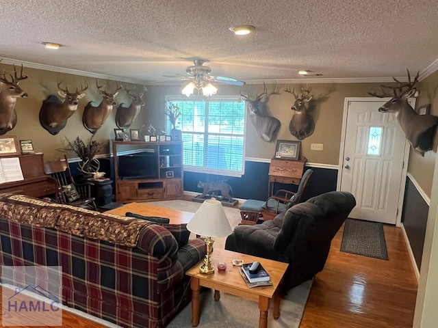 189 Sooner Dr, Jesup, GA 31545 - living room with ornamental molding, a textured ceiling, wood finished floors, a ceiling fan, and baseboards