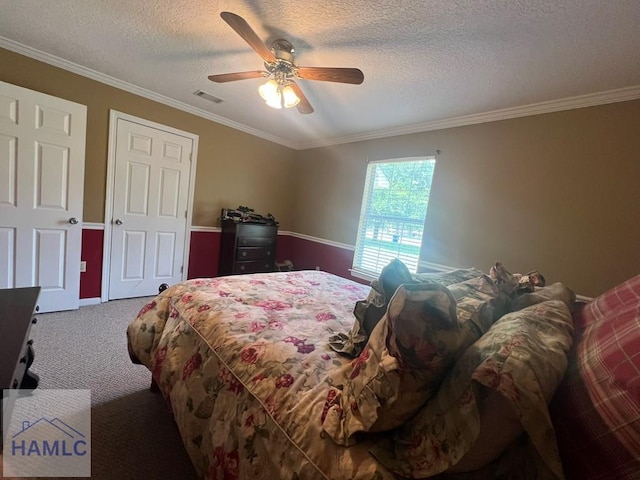 189 Sooner Dr, Jesup, GA 31545 - bedroom with carpet, ornamental molding, a textured ceiling, and ceiling fan