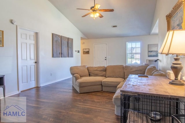 living area featuring dark wood-style floors, visible vents, ceiling fan, high vaulted ceiling, and baseboards