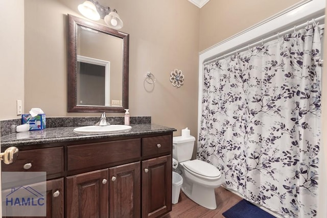 745 Chickasaw Trl, Sparta, GA 31087 - full bathroom with toilet, vanity, wood finished floors, and a shower with shower curtain