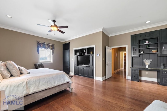 745 Chickasaw Trl, Sparta, GA 31087 - bedroom featuring ornamental molding, wood finished floors, baseboards, an office area, and a ceiling fan