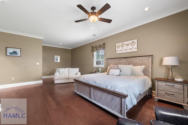 745 Chickasaw Trl, Sparta, GA 31087 - bedroom featuring recessed lighting, baseboards, dark wood finished floors, ornamental molding, and ceiling fan