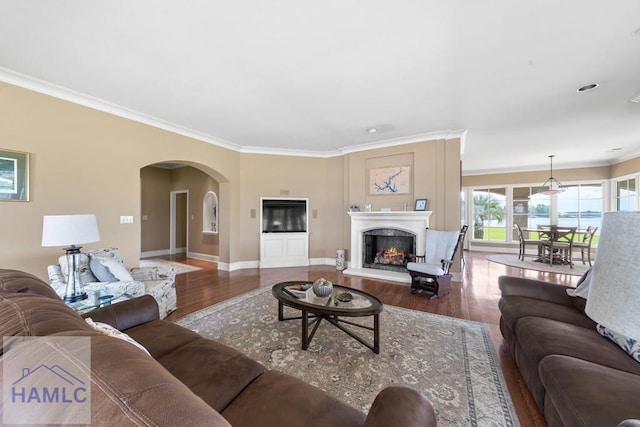 745 Chickasaw Trl, Sparta, GA 31087 - living area with wood finished floors, crown molding, arched walkways, a warm lit fireplace, and baseboards