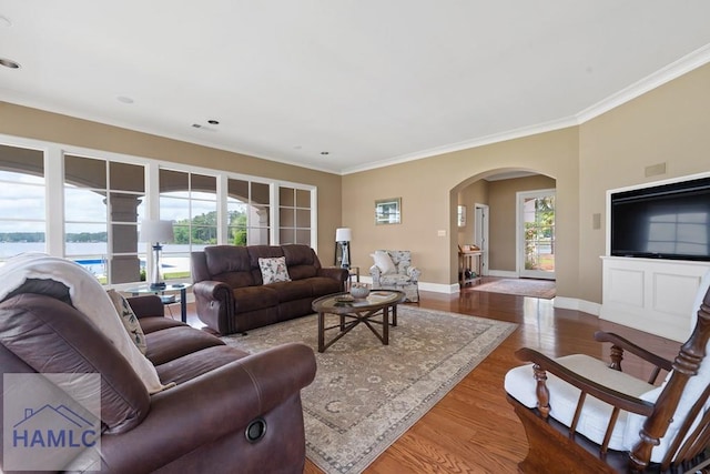745 Chickasaw Trl, Sparta, GA 31087 - living room featuring arched walkways, ornamental molding, wood finished floors, baseboards, and recessed lighting