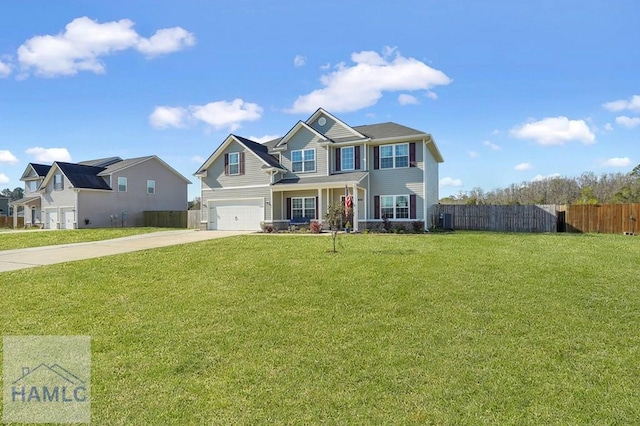 view of front of property with a garage, a front lawn, fence, and driveway