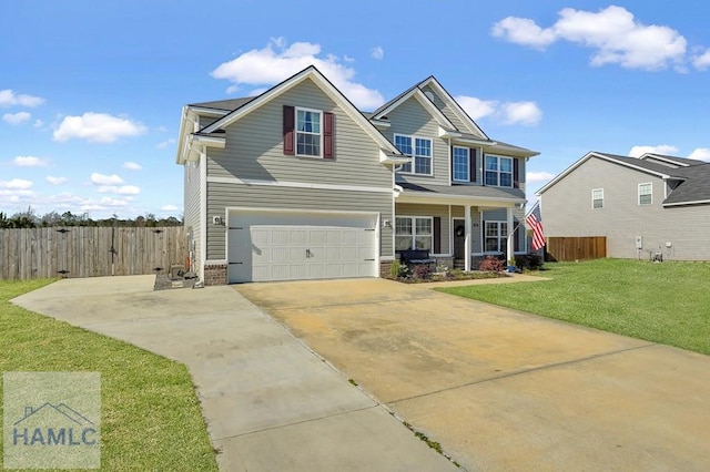 craftsman inspired home with covered porch, fence, a front lawn, concrete driveway, and an attached garage