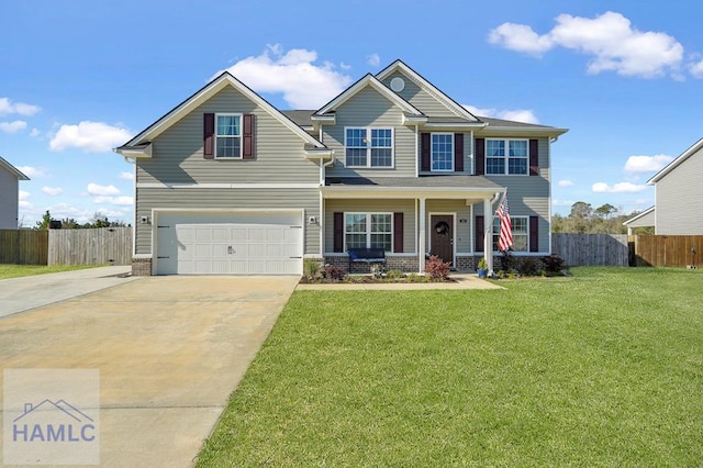 craftsman inspired home featuring a porch, driveway, fence, a front lawn, and an attached garage