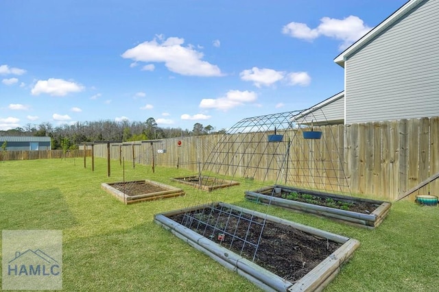 view of yard with a fenced backyard and a vegetable garden