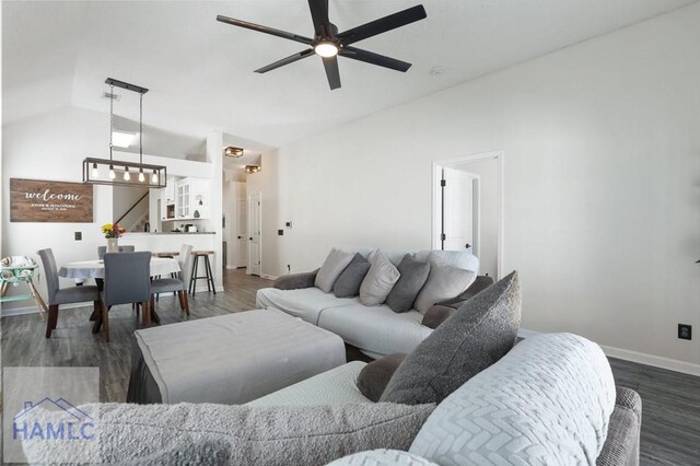 99 Scarlett Ln, Richmond Hill, GA 31324 - living area with lofted ceiling, ceiling fan, and dark wood finished floors