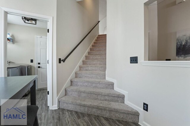 99 Scarlett Ln, Richmond Hill, GA 31324 - stairway with independent washer and dryer and wood finished floors