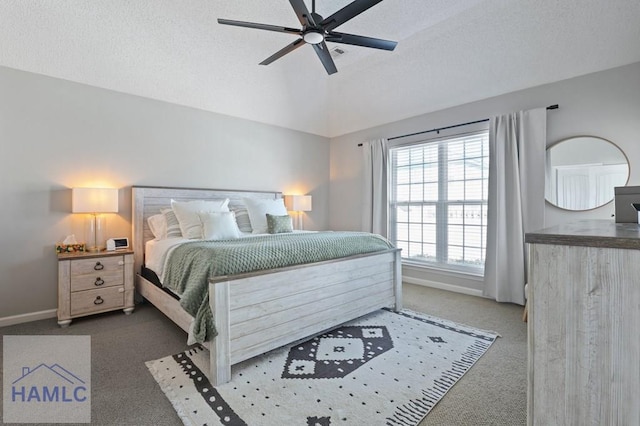 99 Scarlett Ln, Richmond Hill, GA 31324 - carpeted bedroom featuring vaulted ceiling, ceiling fan, and a textured ceiling