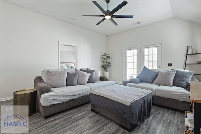 99 Scarlett Ln, Richmond Hill, GA 31324 - living area featuring ceiling fan, wood finished floors, and lofted ceiling