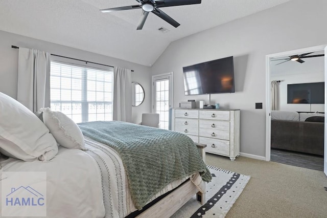 99 Scarlett Ln, Richmond Hill, GA 31324 - bedroom featuring light colored carpet, lofted ceiling, and a ceiling fan
