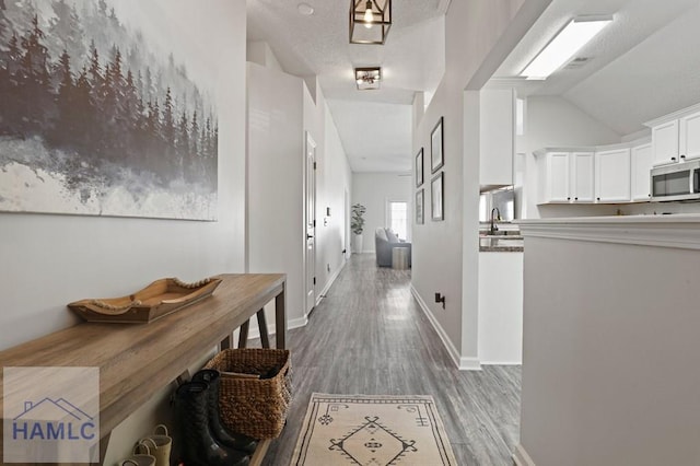 99 Scarlett Ln, Richmond Hill, GA 31324 - hall featuring wood finished floors, lofted ceiling, and a textured ceiling