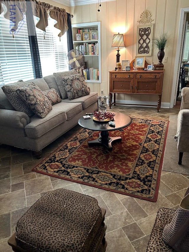 155 Persimmon St, Jesup, GA 31545 - living room featuring stone tile flooring and crown molding