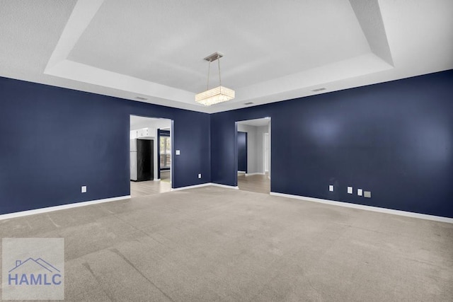 empty room featuring a tray ceiling and light carpet