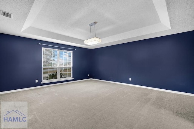 carpeted spare room with a tray ceiling and a textured ceiling