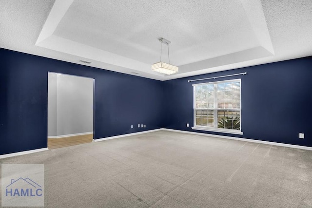 carpeted empty room with a raised ceiling and a textured ceiling